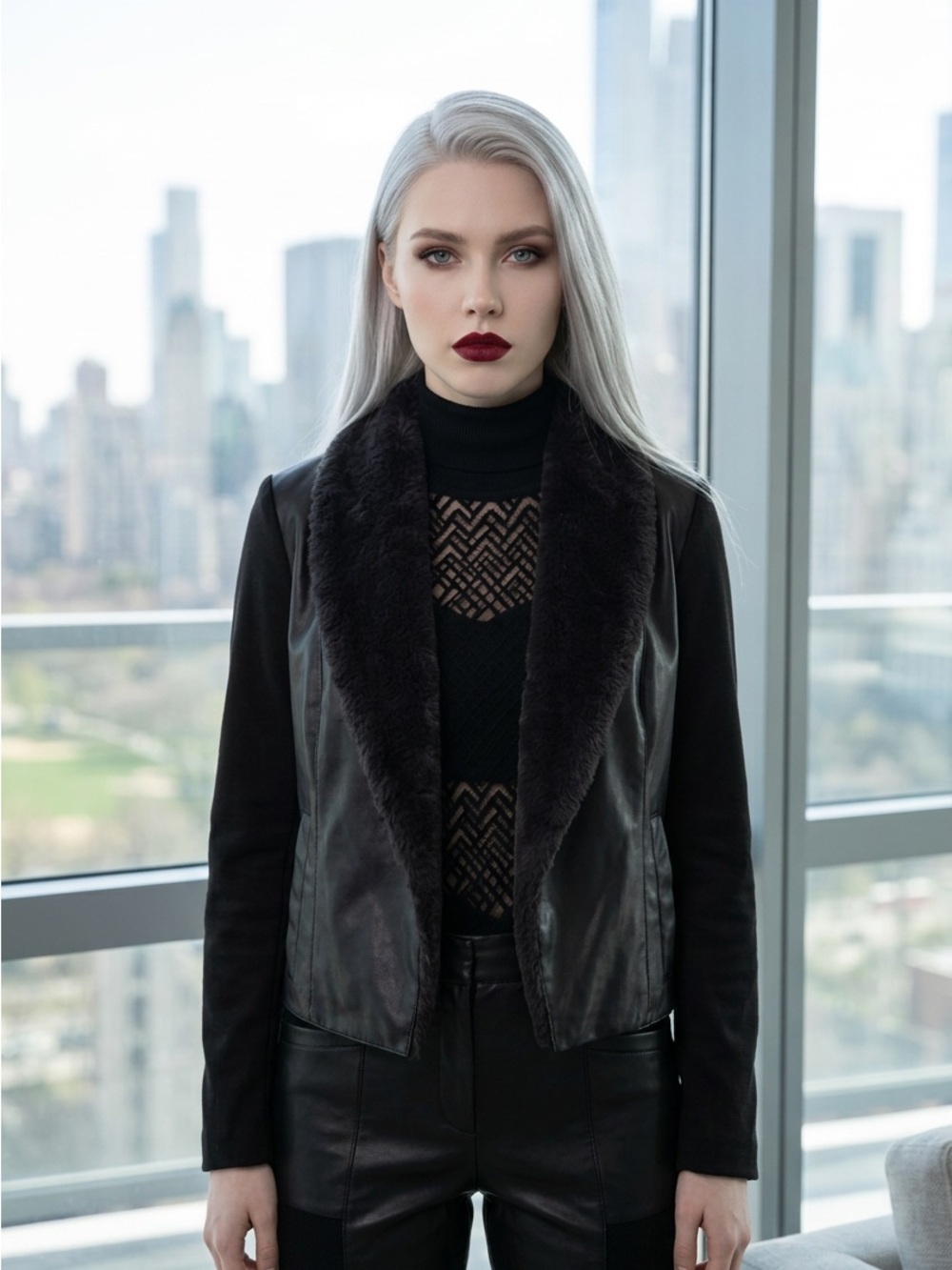 Jack by BB Dakota Black Faux Leather and Fur Moto Style Jacket-L